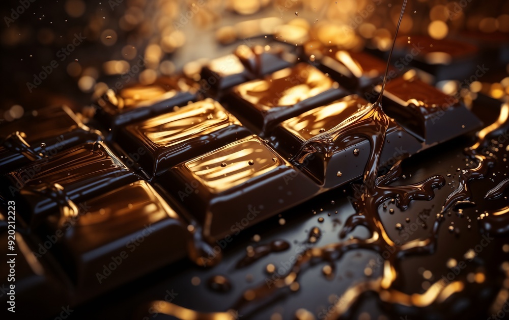 Close-Up of Melted Dark Chocolate Dripping on Gourmet Chocolate Bar Close-Up of Melted Dark Chocolate Dripping on Gourmet Chocolate Bar