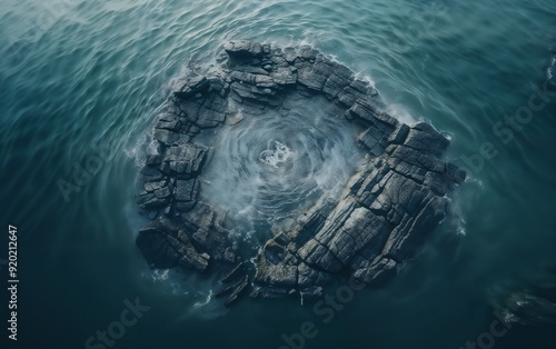 Aerial View of Mysterious Rocky Formation Surrounded by Ocean Waves