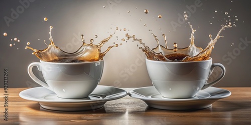 Two cups of coffee with a splash of water on top, coffee, cups, drink, beverage, morning, refreshment, caffeine, water, splash, liquid photo