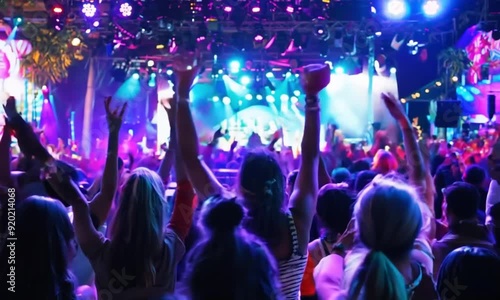 Wallpaper Mural A lively crowd of people dancing with their hands raised in the air at an outdoor concert, with vibrant lights and a colorful atmosphere highlighting the energy and excitement of the event. Torontodigital.ca