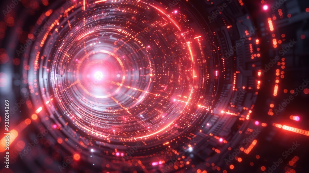 Abstract Red and Black Circular Tunnel with Glowing Lights Abstract Red and Black Circular Tunnel with Glowing Lights