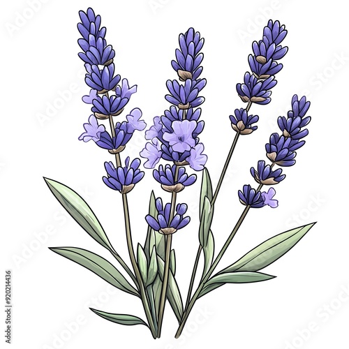 A sprig of fresh lavender with purple blooms in a handdrawn cartoon style photo