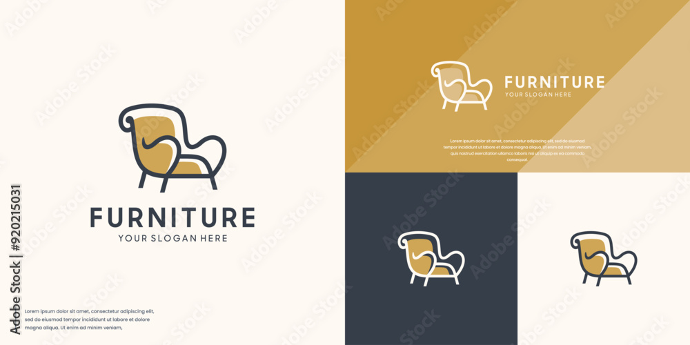 furniture chair logo with clean and elegant line art style, room interior logo, vector design template. furniture chair logo with clean and elegant line art style, room interior logo, vector design template.