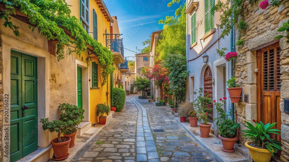 Fototapeta premium Beautiful view of an old narrow street in Greece , Greece, narrow street, ancient, architecture, traditional