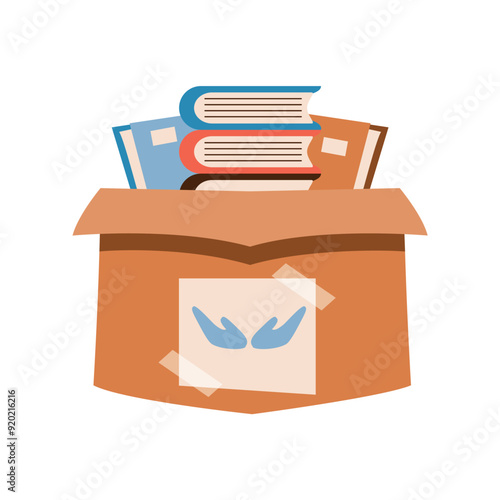 cardboard box with different books for donations