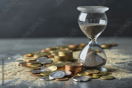 An hourglass on scattered coins symbolizes the relationship between time and money, capturing the essence of financial management and urging individuals to consider the impact of every second