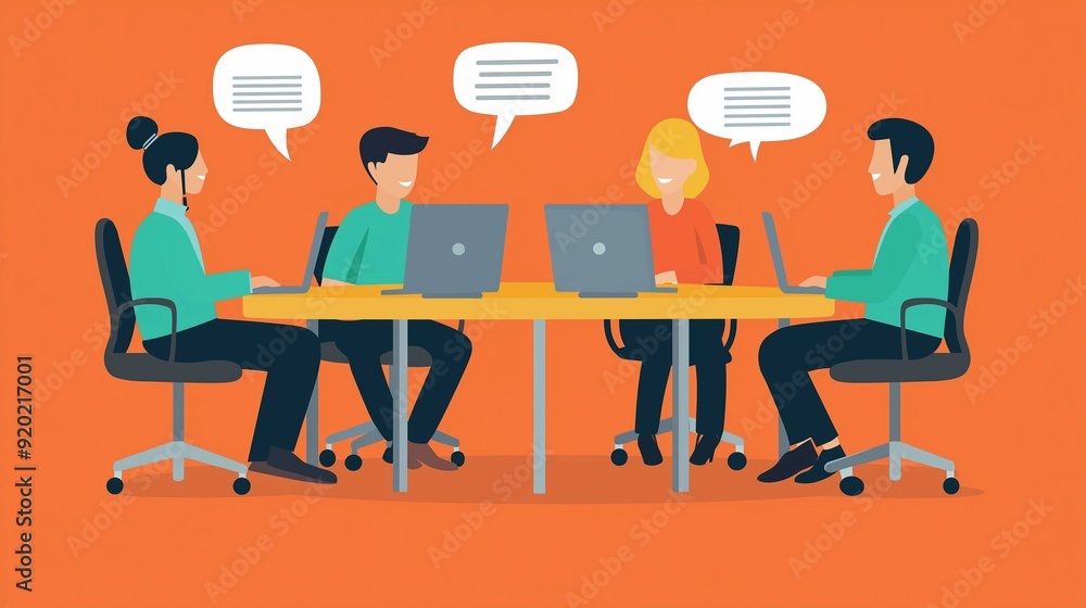 people on a meeting, they are sitting behind the round table, talking with each other, there are computers in front of them. vector illustration, simple flat. people on a meeting, they are sitting behind the round table, talking with each other, there are computers in front of them. vector illustration, simple flat.