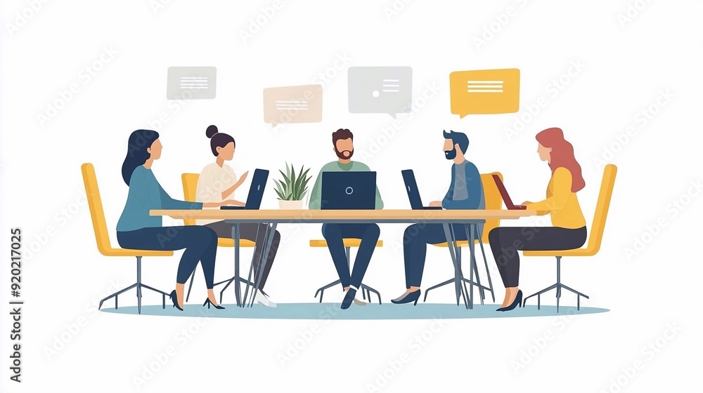people on a meeting, they are sitting behind the round table, talking with each other, there are computers in front of them. vector illustration, simple flat. people on a meeting, they are sitting behind the round table, talking with each other, there are computers in front of them. vector illustration, simple flat.
