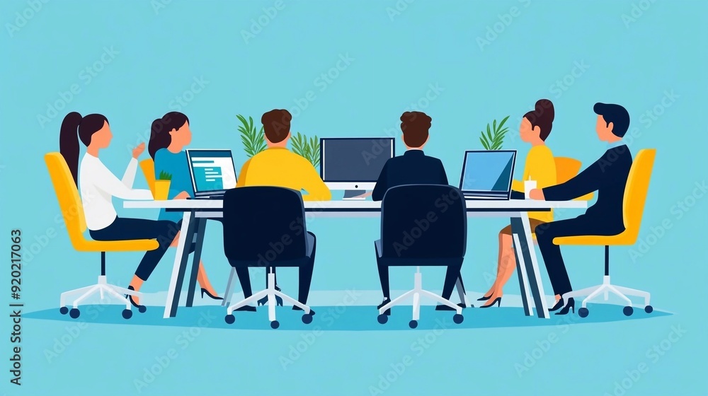 people on a meeting, they are sitting behind the round table, talking with each other, there are computers in front of them. vector illustration, simple flat. people on a meeting, they are sitting behind the round table, talking with each other, there are computers in front of them. vector illustration, simple flat.