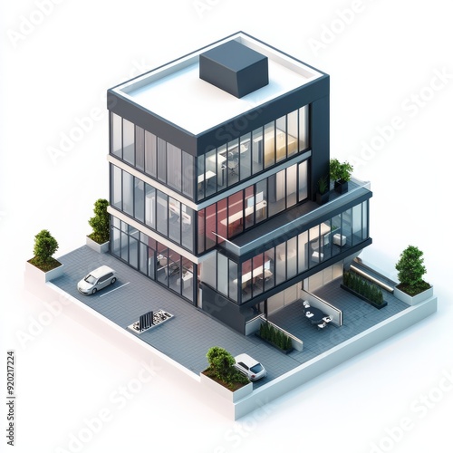 3D Render of a boutique office building with modern interiors and small business spaces. Miniature, on isolated white background