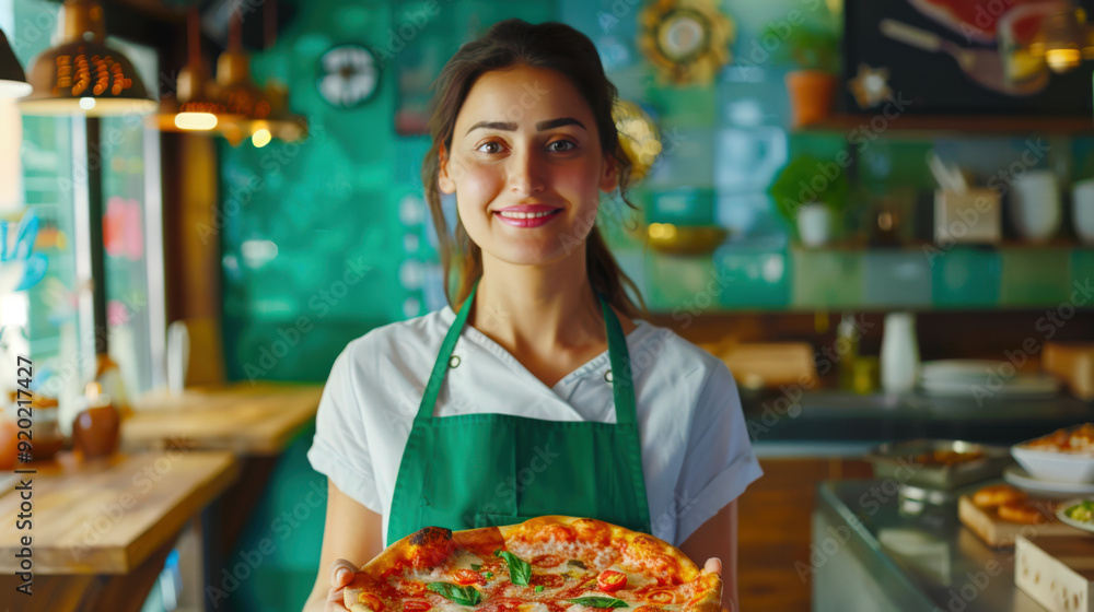 A woman in a green apron and a white T-shirt holds a plate of pizza Margarita in her hands. She is a waiter in a cafe and carries pizza to customers A woman in a green apron and a white T-shirt holds a plate of pizza Margarita in her hands. She is a waiter in a cafe and carries pizza to customers