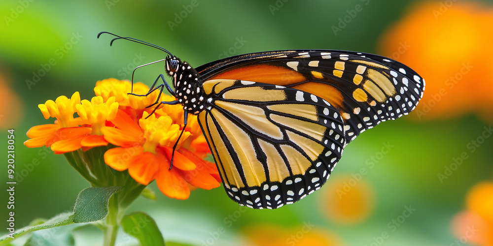 Fototapeta premium Monarch butterfly standing on vibrant orange flower feeding