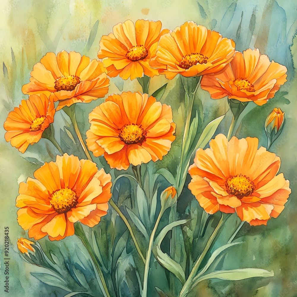 A watercolor illustration of bright summer marigolds A watercolor illustration of bright summer marigolds
