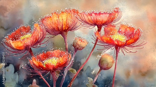 A watercolor illustration of Australian sundew flowers