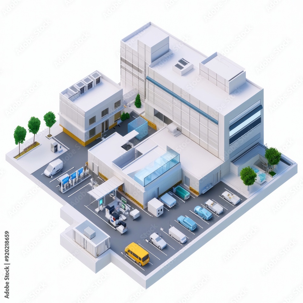 3D Render of a healthcare business center with medical offices, patient rooms. Miniature, on isolated white background 3D Render of a healthcare business center with medical offices, patient rooms. Miniature, on isolated white background