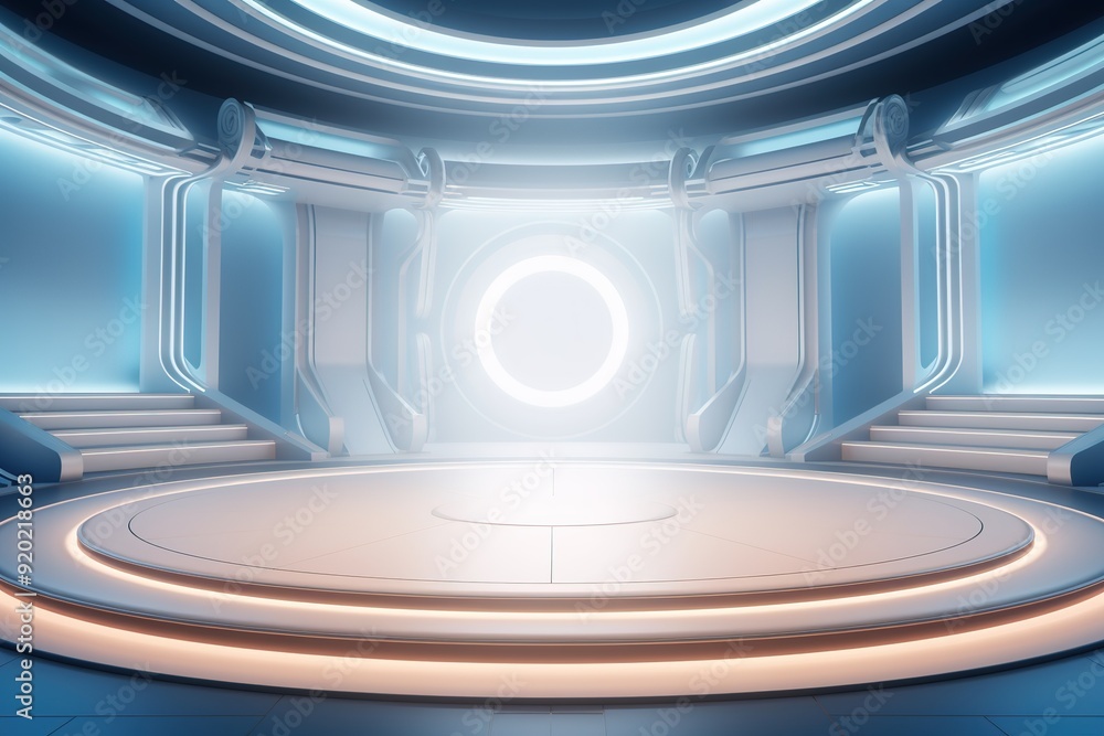Futuristic circular platform with stairs and glowing light. Futuristic circular platform with stairs and glowing light.