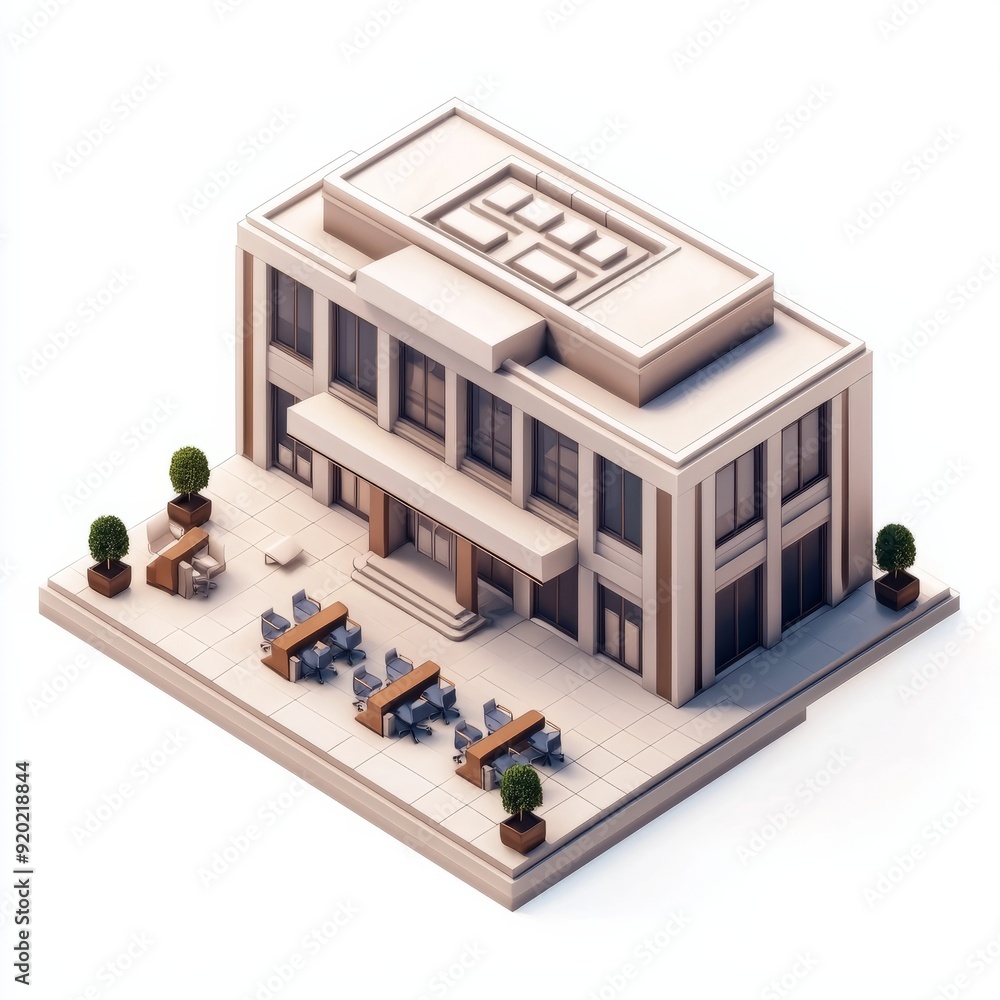 3D Render of a law firm building with elegant interiors, private offices. Miniature, on isolated white background