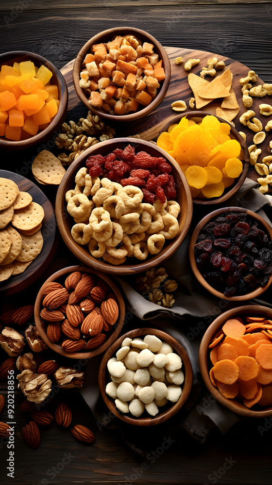 Elegant Display of Assorted Gluten-Free Snacks with Fresh and Dried Fruits on a Wooden Set-Up Elegant Display of Assorted Gluten-Free Snacks with Fresh and Dried Fruits on a Wooden Set-Up