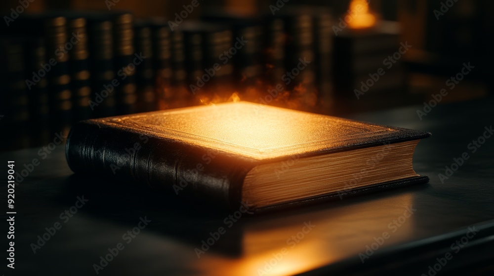 An ancient leather-bound book filled with cryptic texts, illuminated by a soft golden glow, in a concealed library lined with books and arcane instruments An ancient leather-bound book filled with cryptic texts, illuminated by a soft golden glow, in a concealed library lined with books and arcane instruments