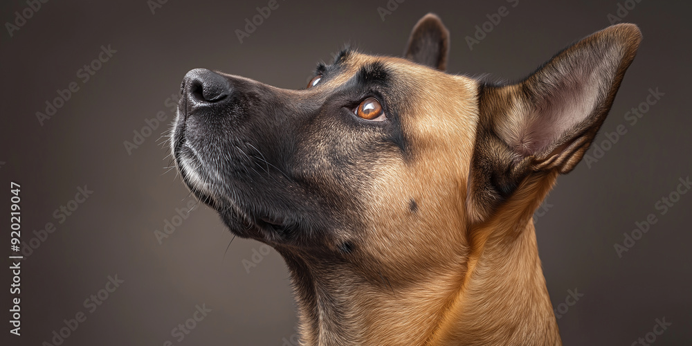 Curious german shepherd dog looking up with perky ears on brown background Curious german shepherd dog looking up with perky ears on brown background