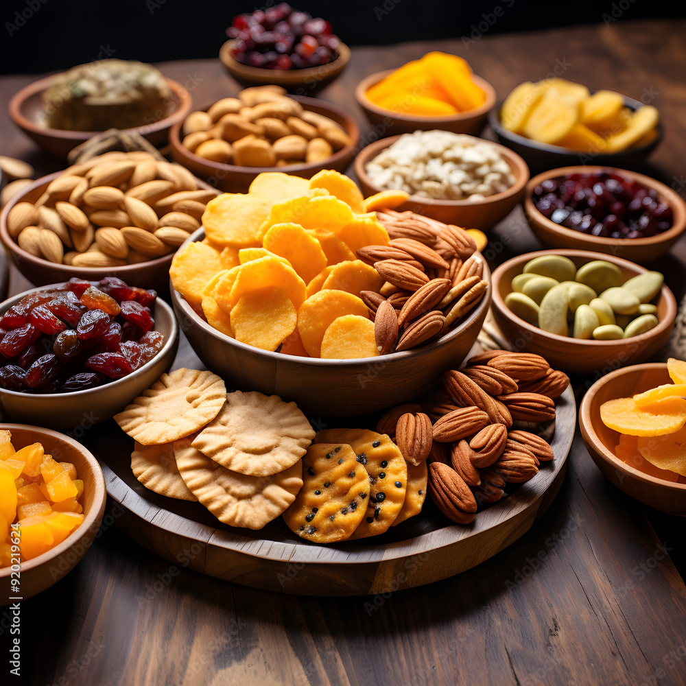 Elegant Display of Assorted Gluten-Free Snacks with Fresh and Dried Fruits on a Wooden Set-Up Elegant Display of Assorted Gluten-Free Snacks with Fresh and Dried Fruits on a Wooden Set-Up