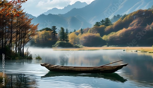 In Shennongjia Dajiu Lake National Wetland Park, unique traditional wooden boats sail on the lake and the surrounding scenery is pleasant. photo