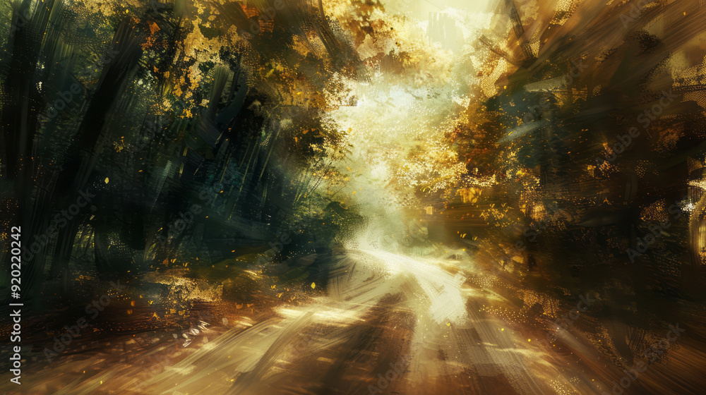 A road with a fast moving blurry scene in the forest, in a tropical landscape style with an energetic and bold perspective. A road with a fast moving blurry scene in the forest, in a tropical landscape style with an energetic and bold perspective.