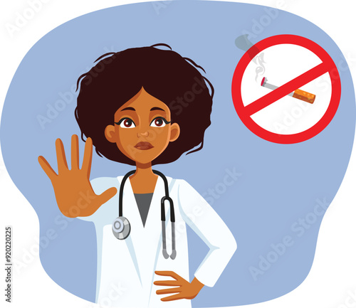 Medical Doctor Saying Stop Smoking Vector Cartoon illustration. Female MD warning against the side effects of addictive habit 
