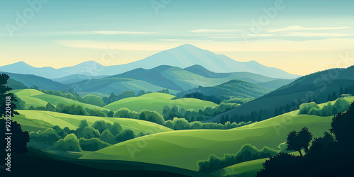 Green rolling hills landscape with forest covering the mountainside