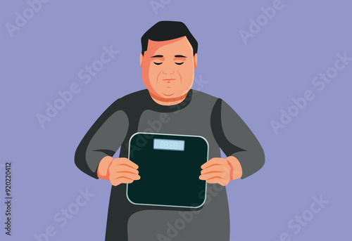 Sad Man Holding a Body Scale Vector Cartoon illustration. Unhappy guy feeling depressed for gaining weight 
