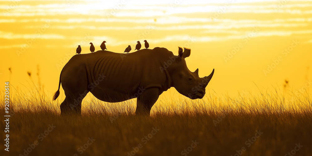 Silhouette of a rhinoceros with birds on its back at sunset