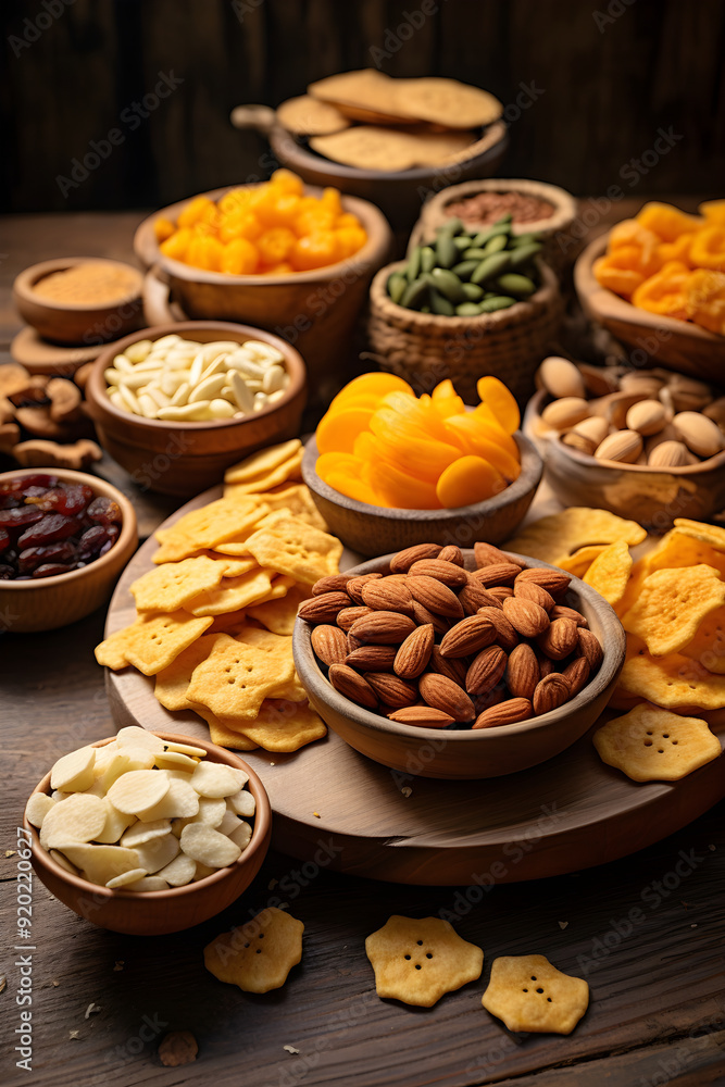 Elegant Display of Assorted Gluten-Free Snacks with Fresh and Dried Fruits on a Wooden Set-Up