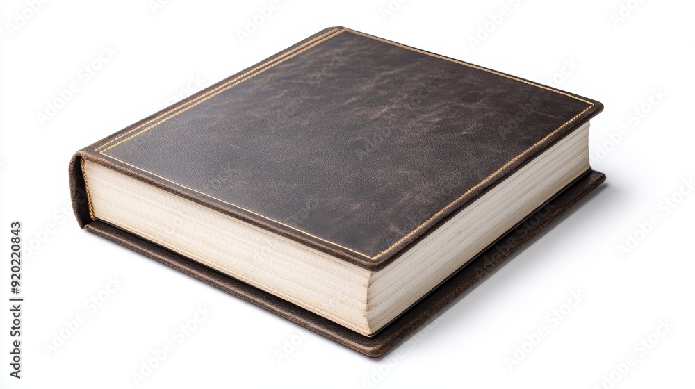 Antique leather photo album with golden embossing, old black-and-white photos, hand-written notes, corners of pages slightly curled Antique leather photo album with golden embossing, old black-and-white photos, hand-written notes, corners of pages slightly curled