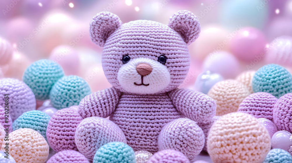 A cute crocheted bear surrounded by colorful yarn balls, evoking a playful, cozy atmosphere. A cute crocheted bear surrounded by colorful yarn balls, evoking a playful, cozy atmosphere.