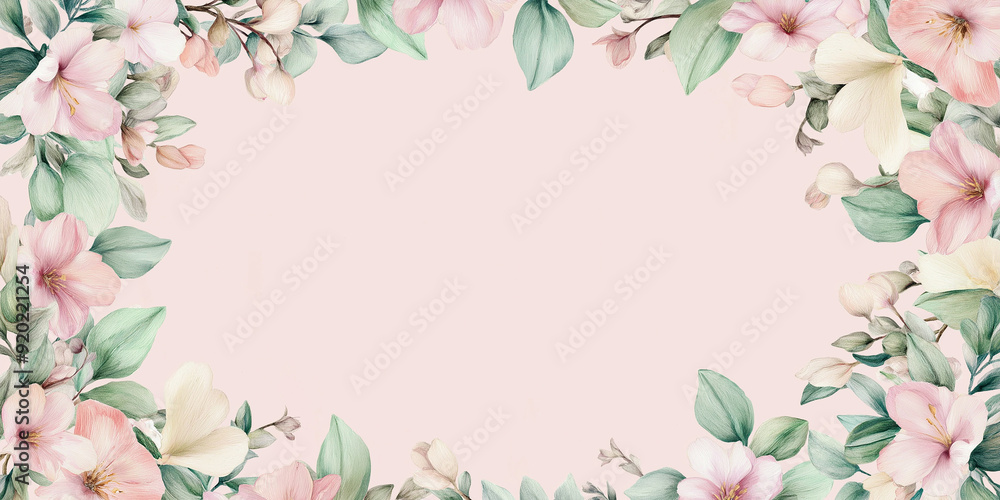 Fototapeta premium Watercolor flowers frame creating negative space on pink background