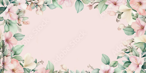 Watercolor flowers frame creating negative space on pink background