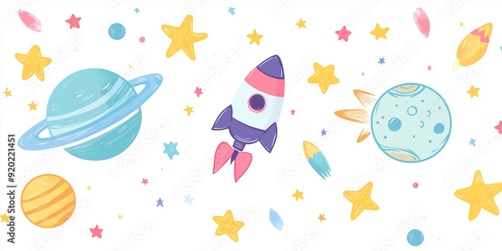 Cartoon rocket flying through space with planets and stars Cartoon rocket flying through space with planets and stars