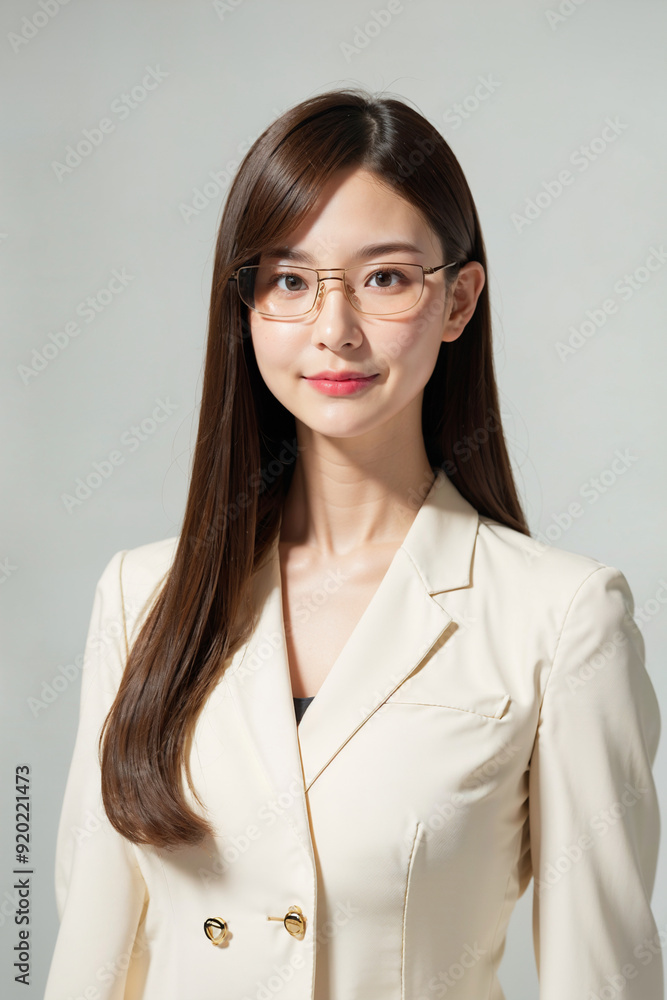Business woman waring glassed and white suit portrait with white background Business woman waring glassed and white suit portrait with white background