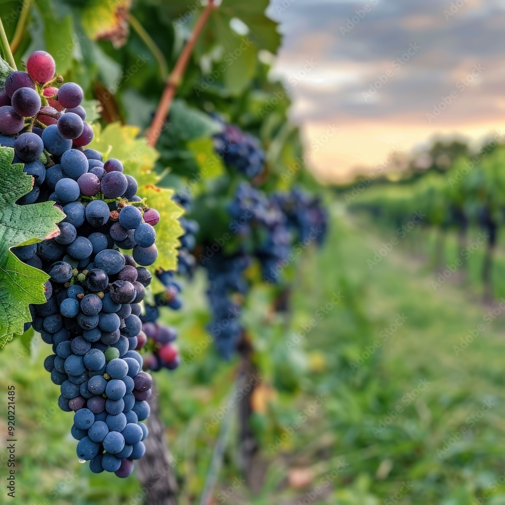 Ripe Grapes Hanging on a Vine in a Vineyard at Sunset Ripe Grapes Hanging on a Vine in a Vineyard at Sunset