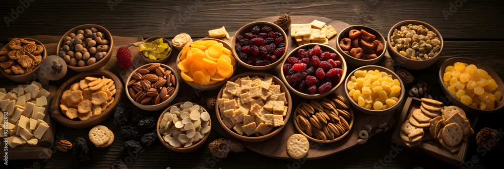 Elegant Display of Assorted Gluten-Free Snacks with Fresh and Dried Fruits on a Wooden Set-Up Elegant Display of Assorted Gluten-Free Snacks with Fresh and Dried Fruits on a Wooden Set-Up