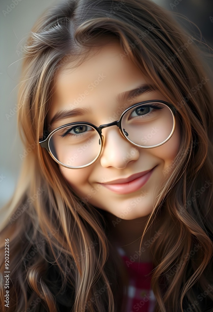 Adorable Young Girl with Curly Hair Wearing Purple Glasses and Smiling Adorable Young Girl with Curly Hair Wearing Purple Glasses and Smiling