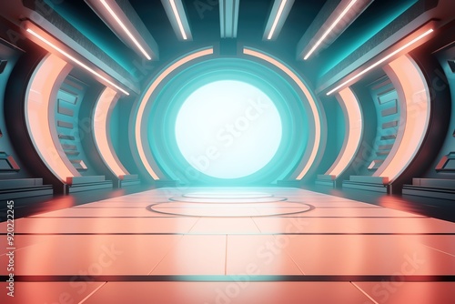 Fototapeta Naklejka Na Ścianę i Meble -  Futuristic corridor with glowing lights and circular doorway.