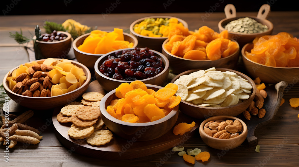 Elegant Display of Assorted Gluten-Free Snacks with Fresh and Dried Fruits on a Wooden Set-Up