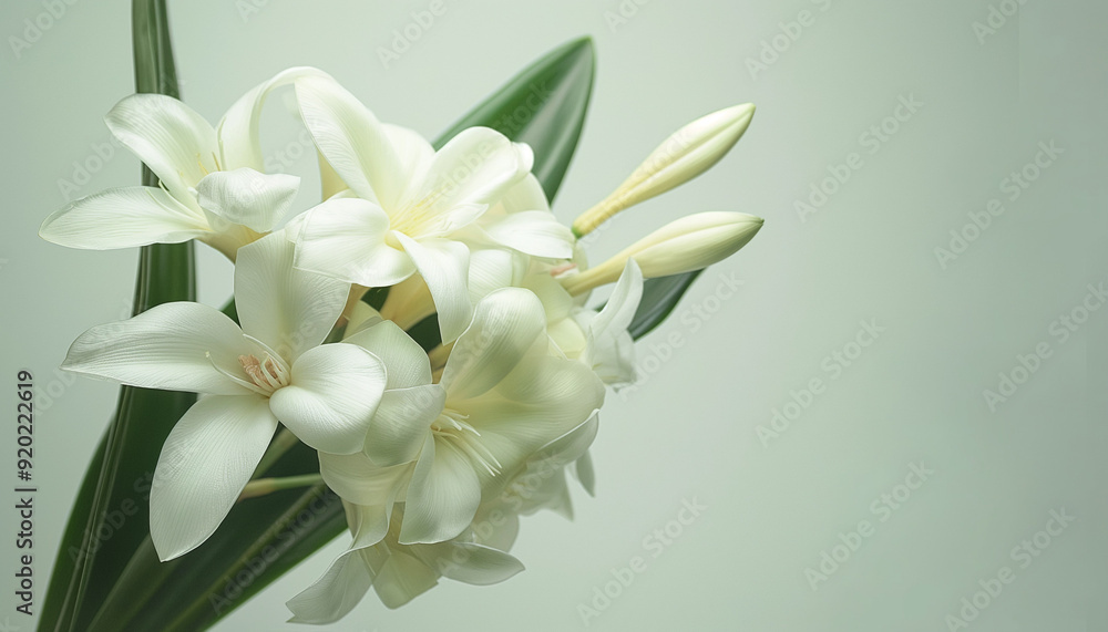 Naklejka premium lily of the valley. The plant typically blooms in the spring and has a compact growth habit with lance-shaped leaves. While it's beautiful and popular in floral arrangements.