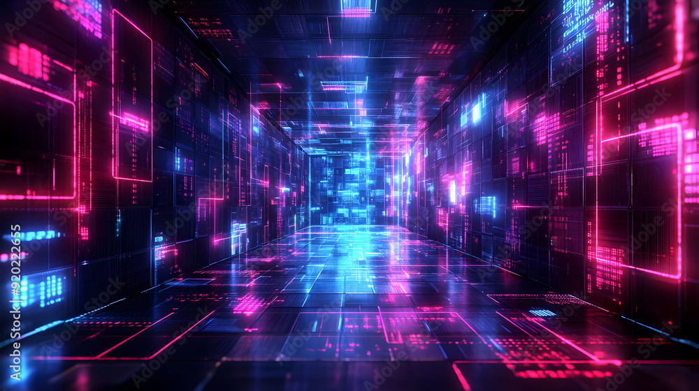 A futuristic digital corridor illuminated with vibrant neon lights and patterns. A futuristic digital corridor illuminated with vibrant neon lights and patterns.