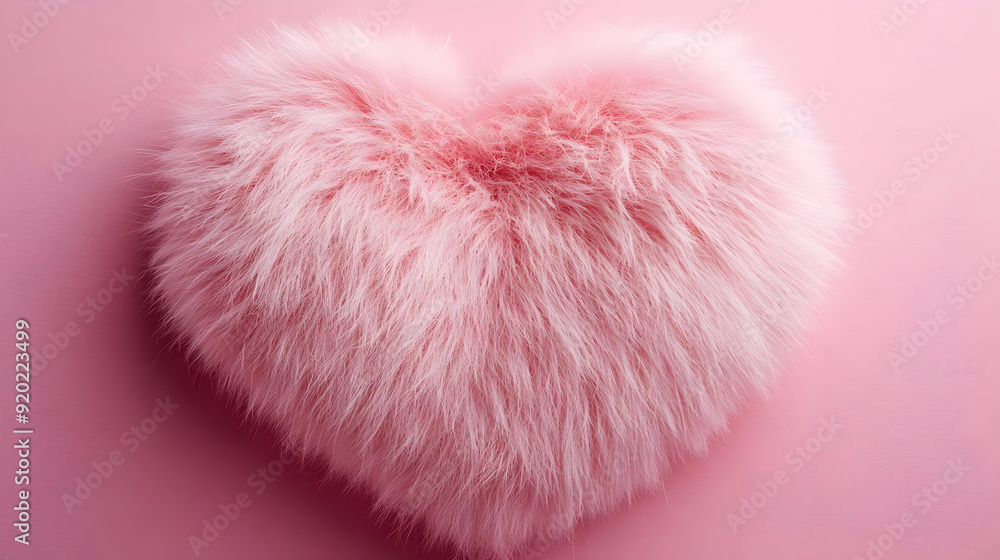 A fluffy pink heart-shaped cushion on a soft pink background. A fluffy pink heart-shaped cushion on a soft pink background.