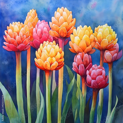 Watercolor painting of vibrant torch lilies photo