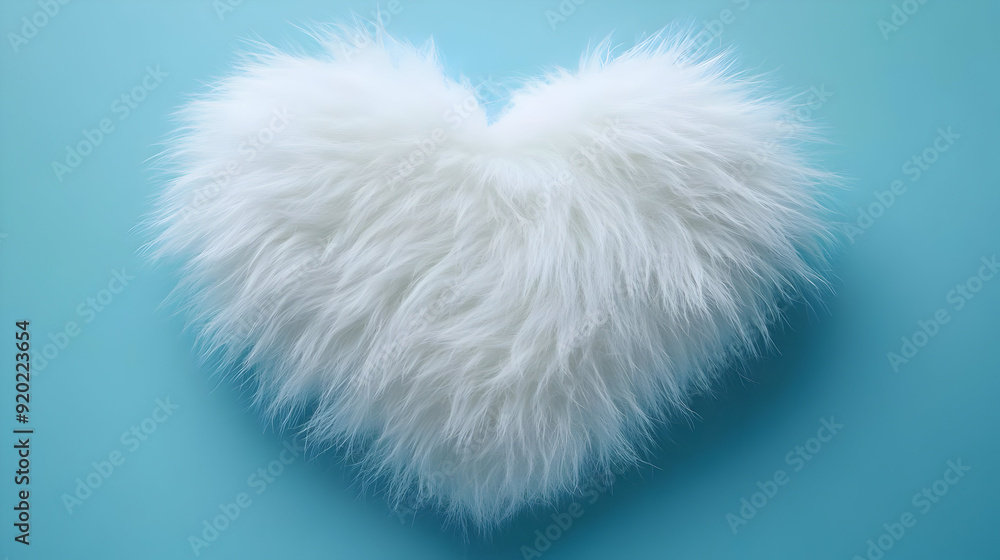 A fluffy white heart-shaped pillow on a blue background. A fluffy white heart-shaped pillow on a blue background.