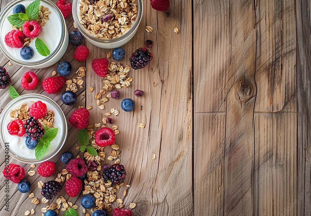 A photo of Greek yogurt with granola and berries in glass jars A photo of Greek yogurt with granola and berries in glass jars