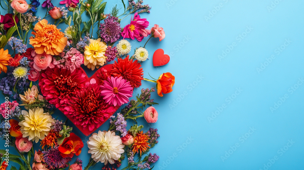 Top view arrangement of colorful flowers with heart Top view arrangement of colorful flowers with heart